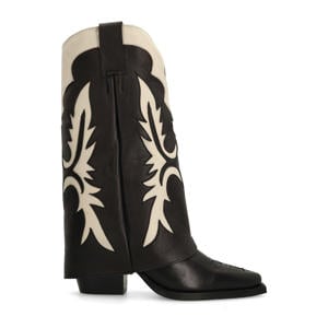 leren cowboylaarzen met flap zwart/ecru