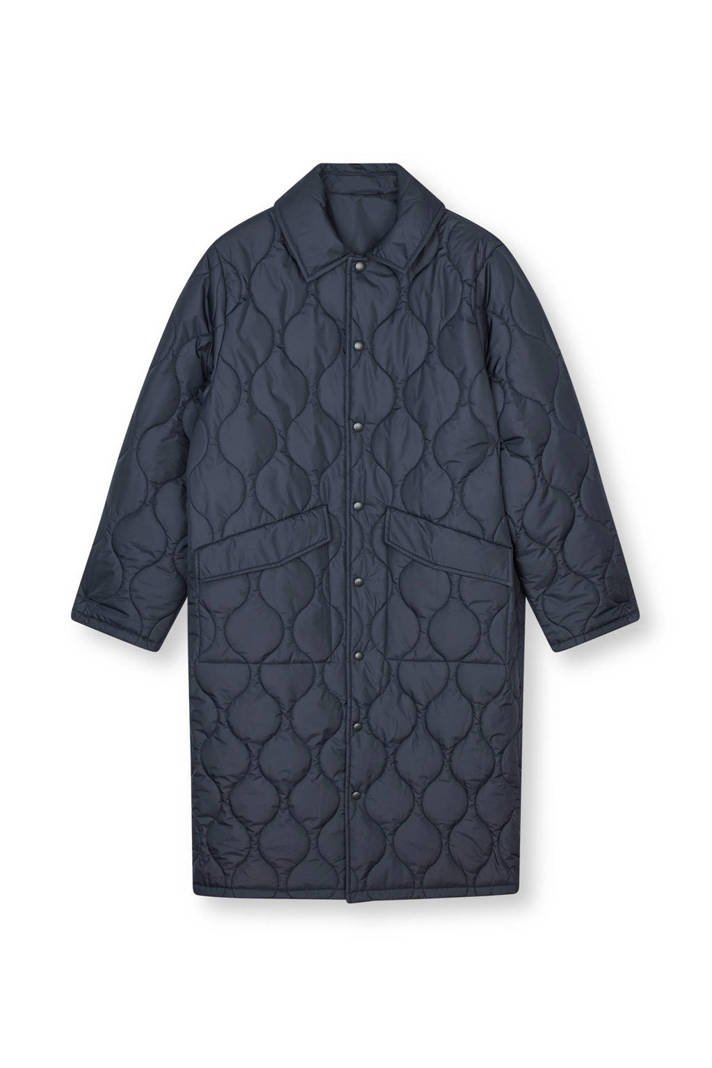 Donkerblauwe dames MADS NØRGAARD COPENHAGEN winterjas quilted van polyester met effen, lange mouwen, klassieke kraag en knoopsluiting