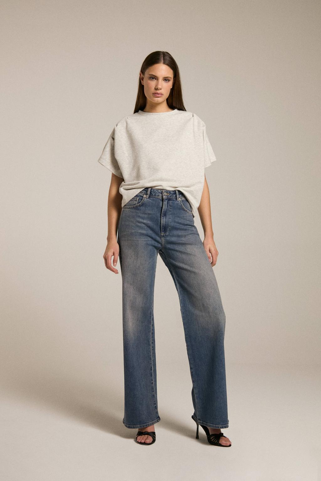 Blauwe dames Homage to Denim high waist wide leg jeans met rits- en knoopsluiting en effen