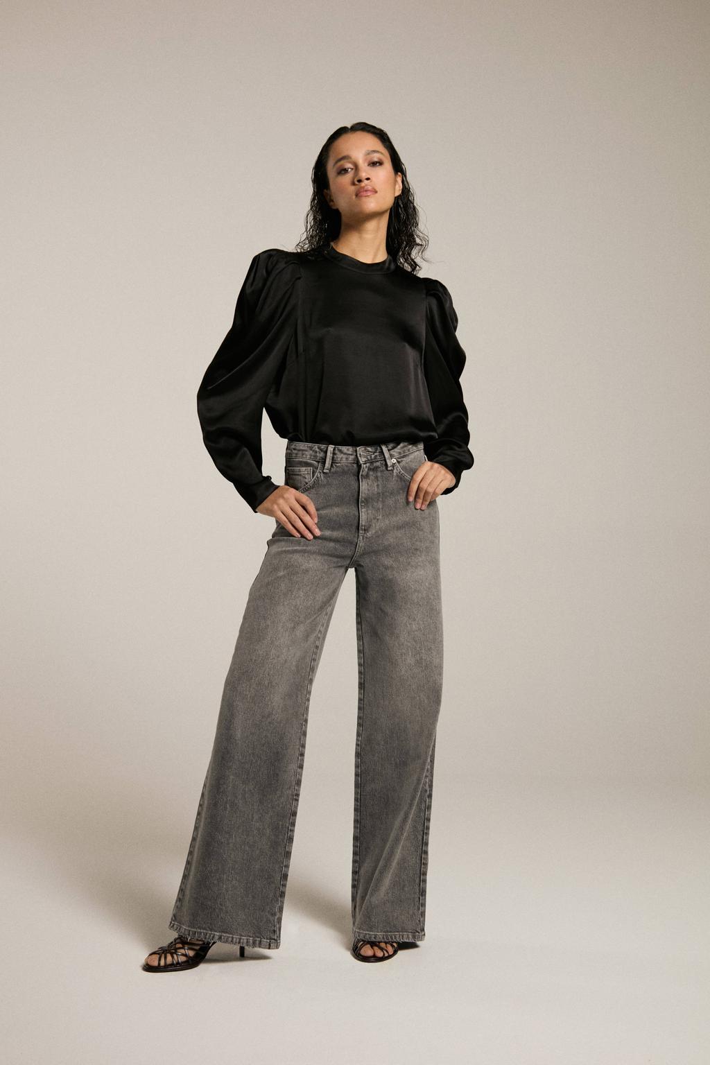 Grey denim dames Homage to Denim high waist wide leg jeans met rits- en knoopsluiting en effen