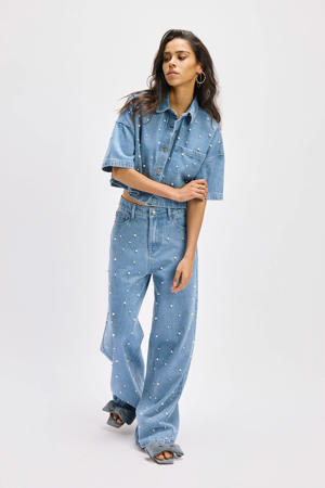 high waist wide leg jeans medium blue denim met parels