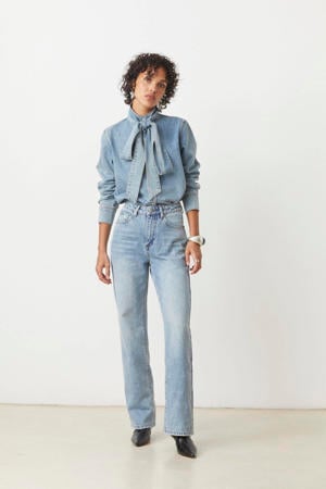 high waist straight leg jeans light blue denim