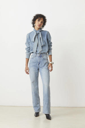 high waist straight leg jeans light blue denim
