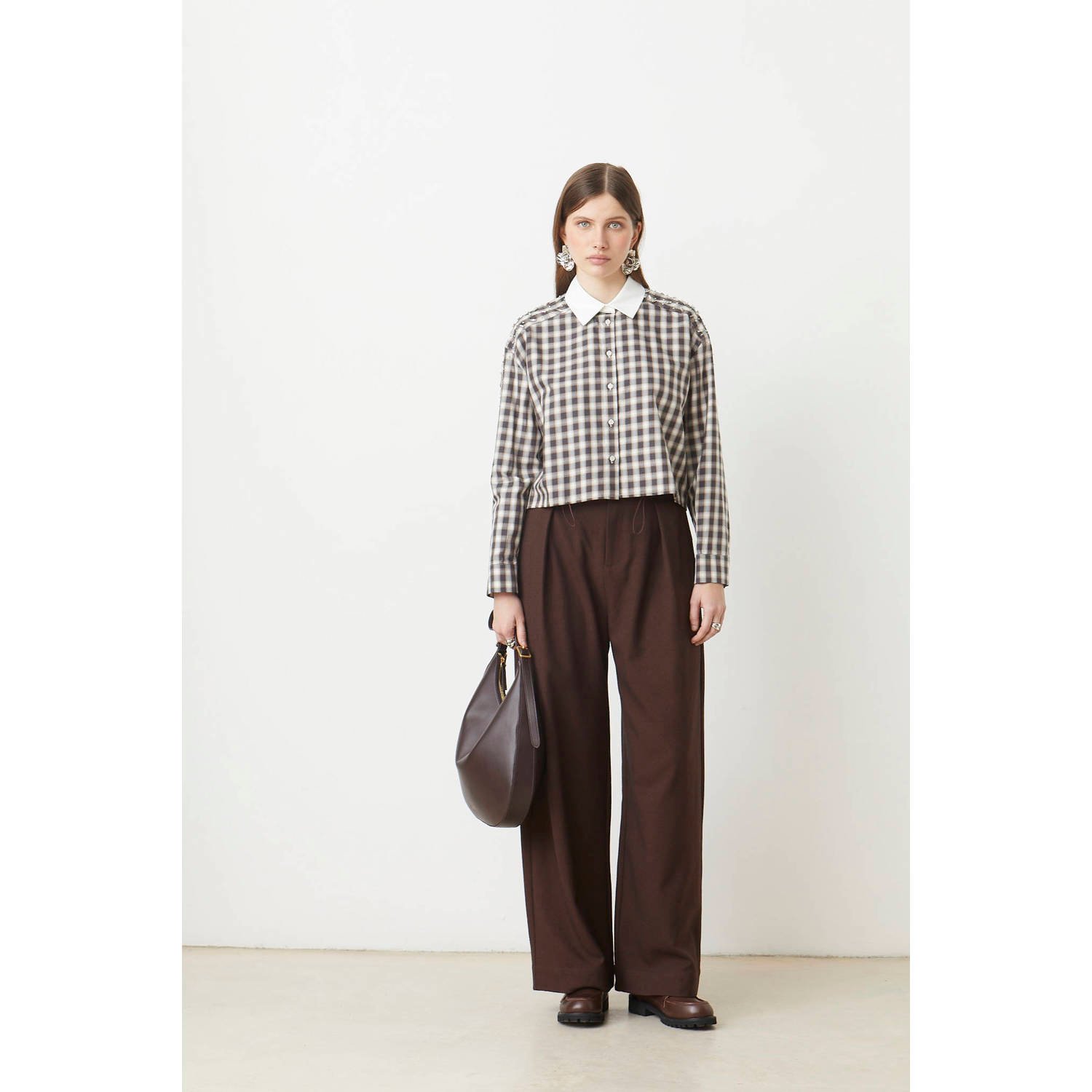 Suncoo wide leg high waist broek donkerbruin