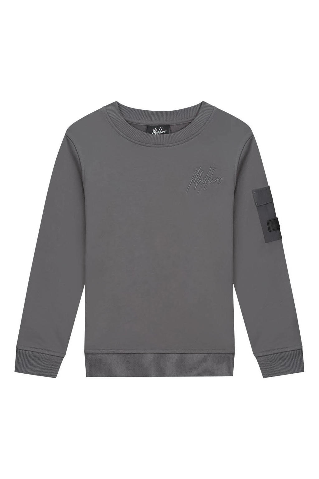 Grijze jongens Malelions sweater van katoen met effen, lange mouwen, ronde hals en geribde boorden
