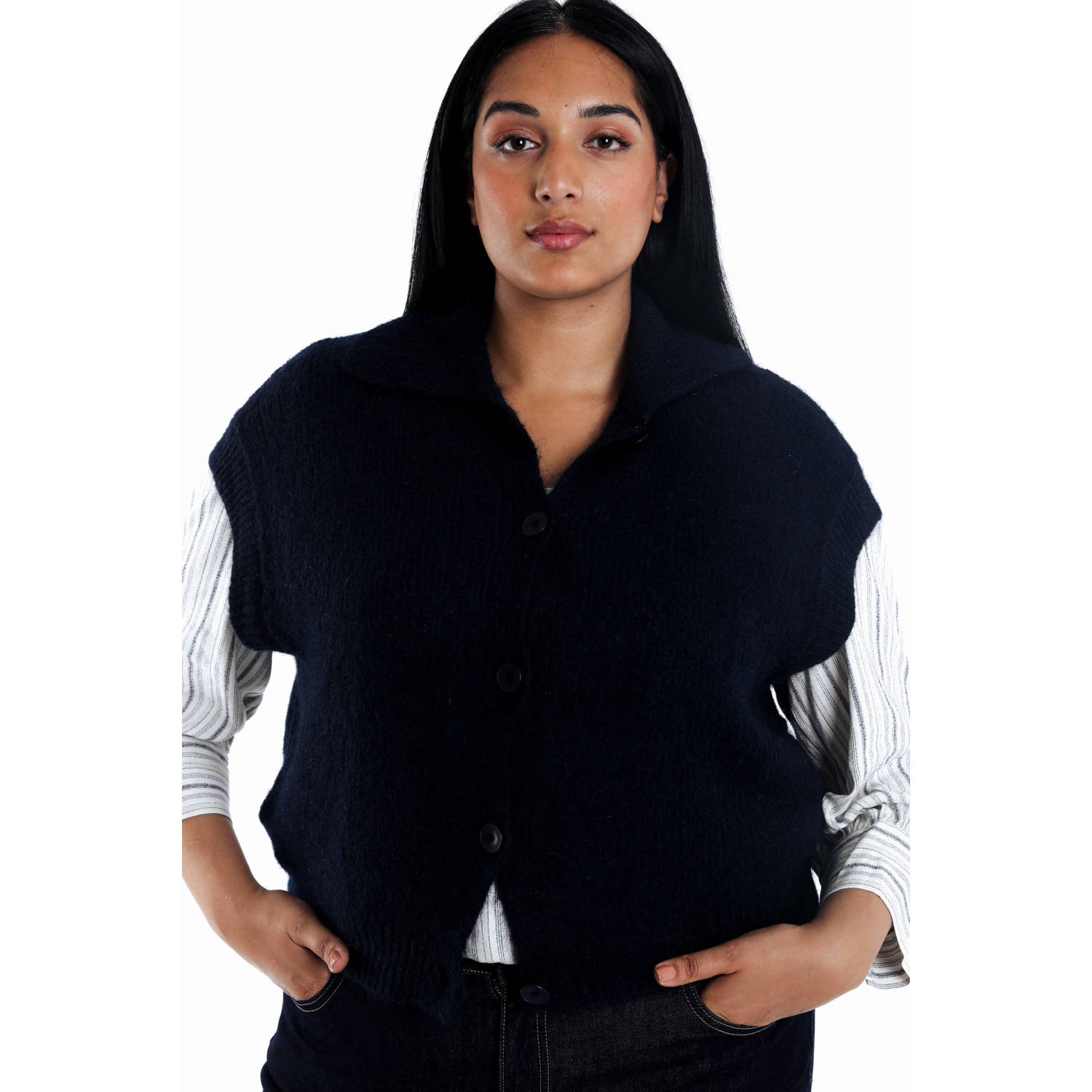 Paprika vest donkerblauw fijn gebreid