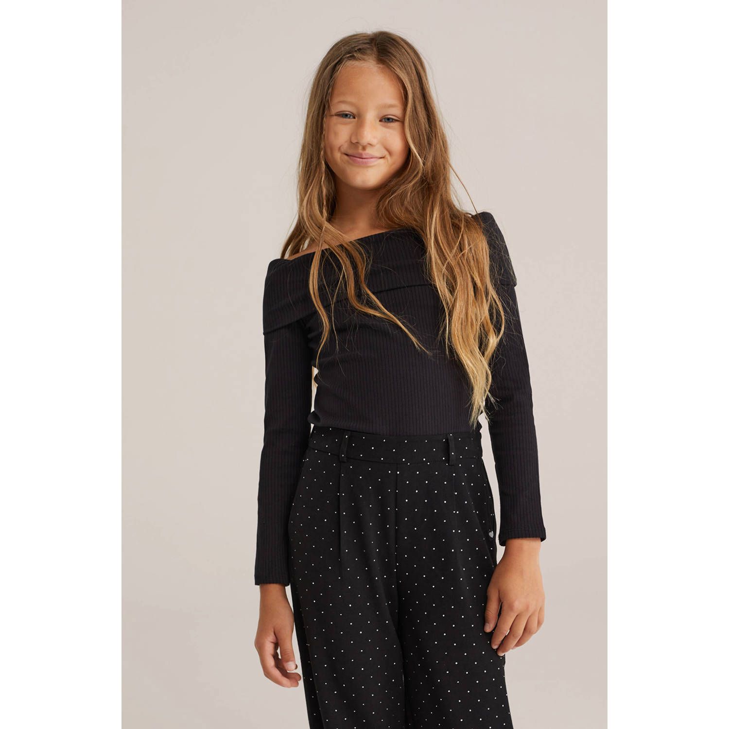 WE Fashion off shoulder trui zwart rib gebreid