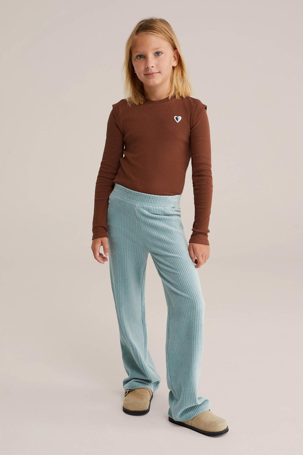 Mintgroene meisjes WE Fashion fluwelen straight casual broek met loose fit, regular waist en elastische tailleband