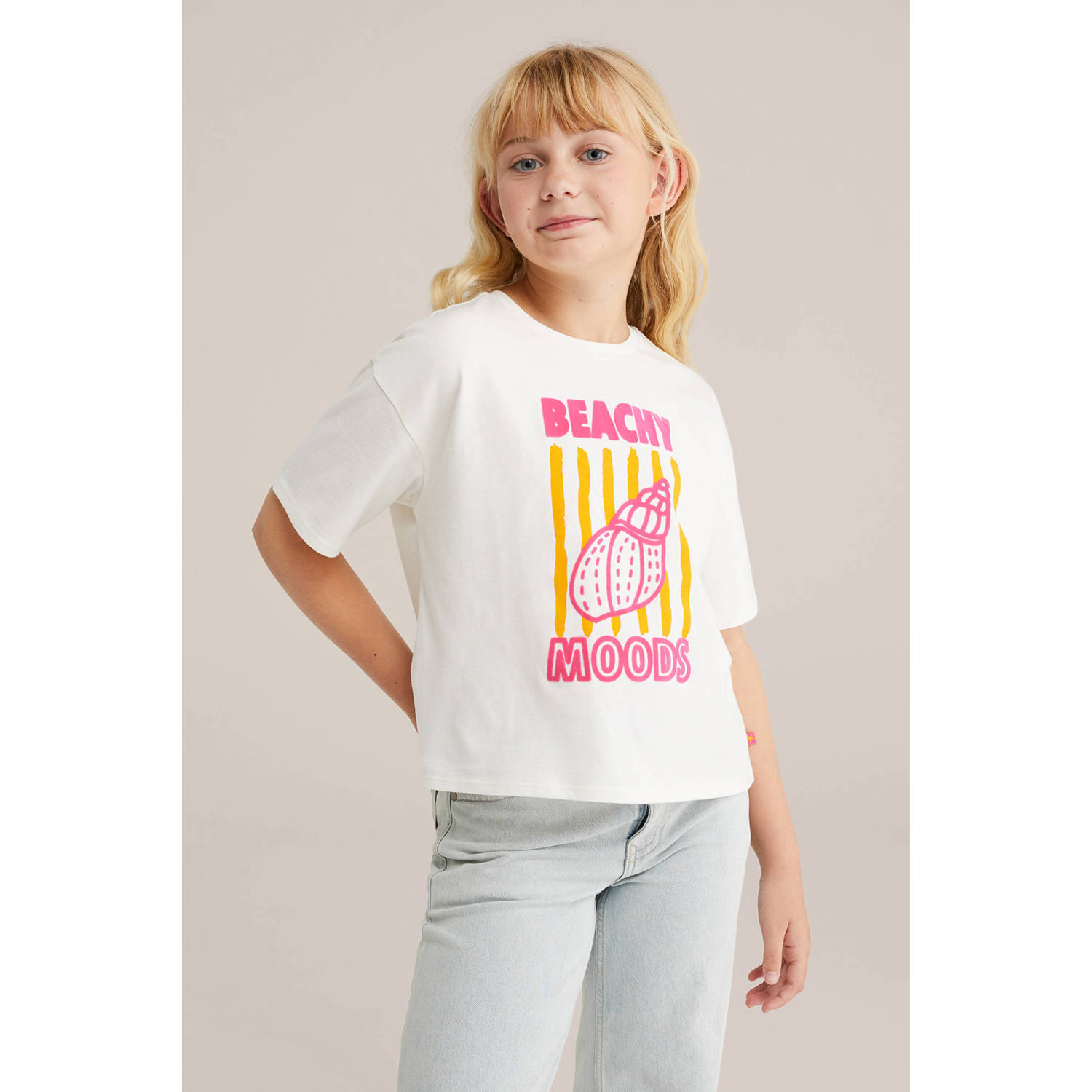 WE Fashion T-shirt wit roze geel
