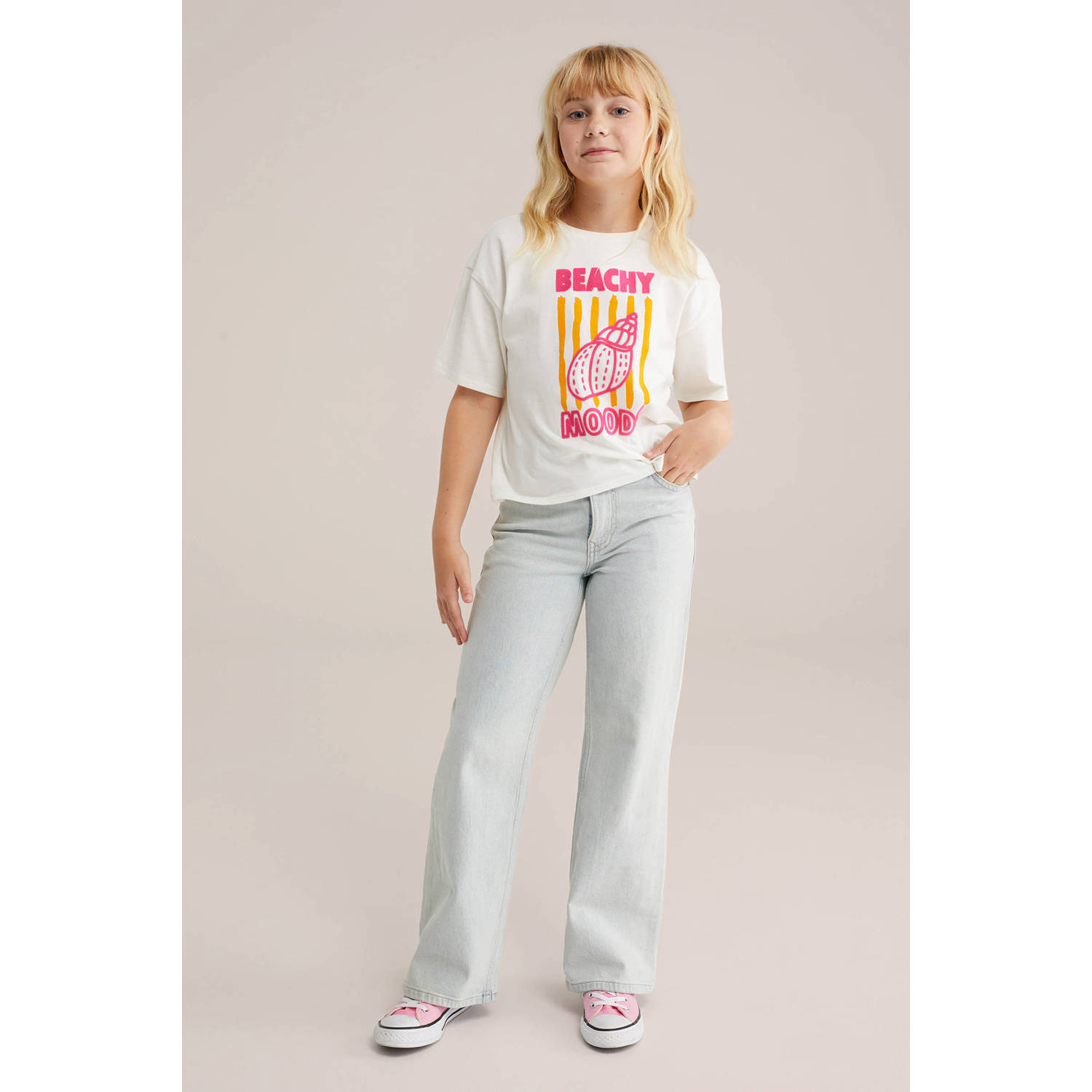 WE Fashion T-shirt wit roze geel