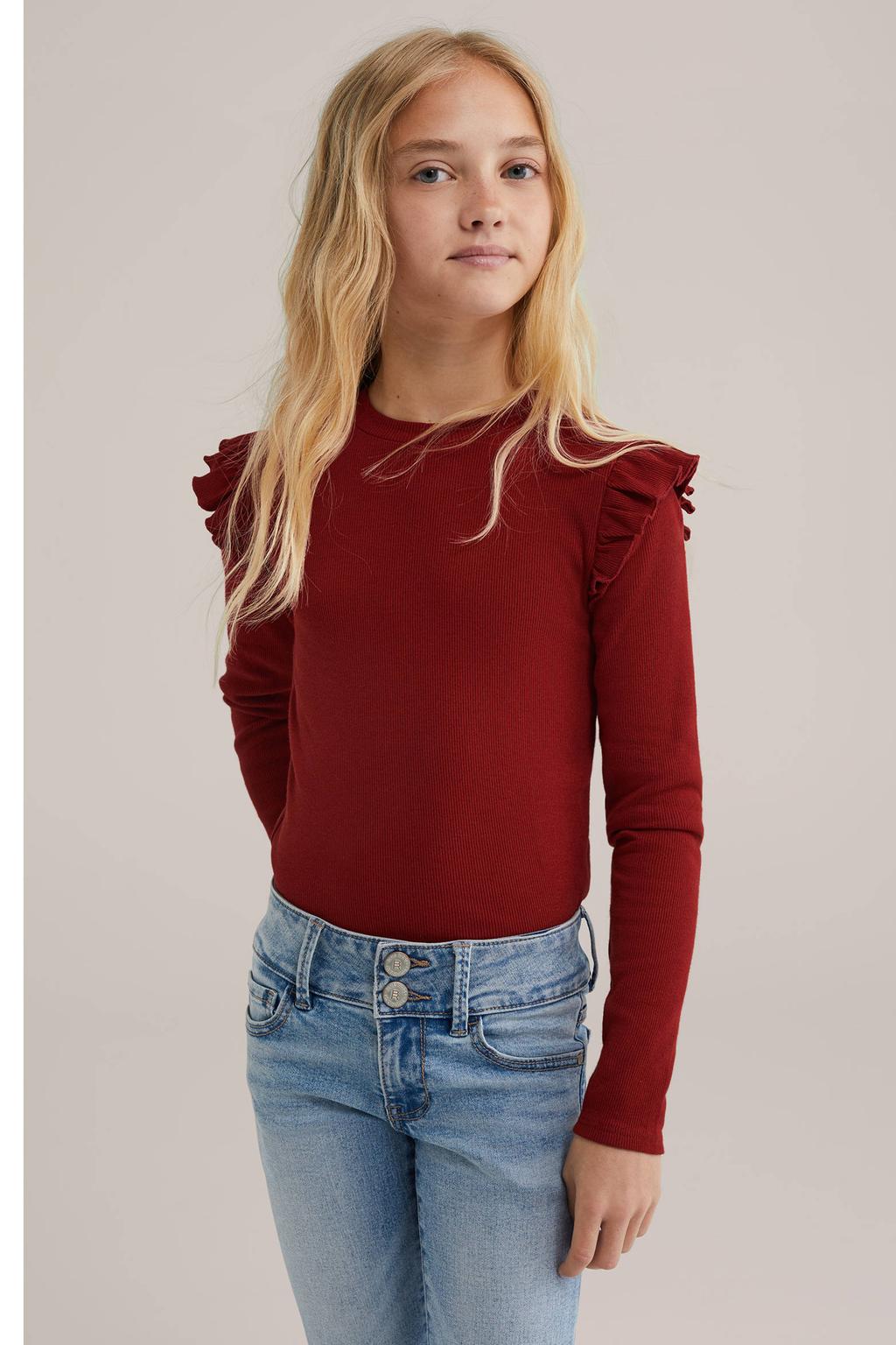 Donkerrode meisjes WE Fashion longsleeve rib gebreid van stretchkatoen met effen, lange mouwen en ronde hals
