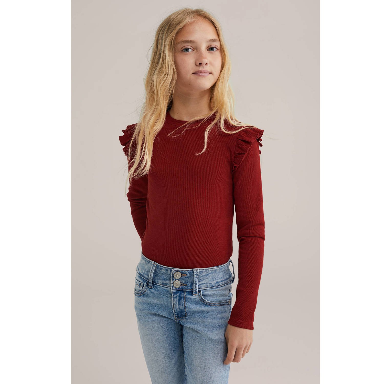 WE Fashion longsleeve rib gebreid donkerrood