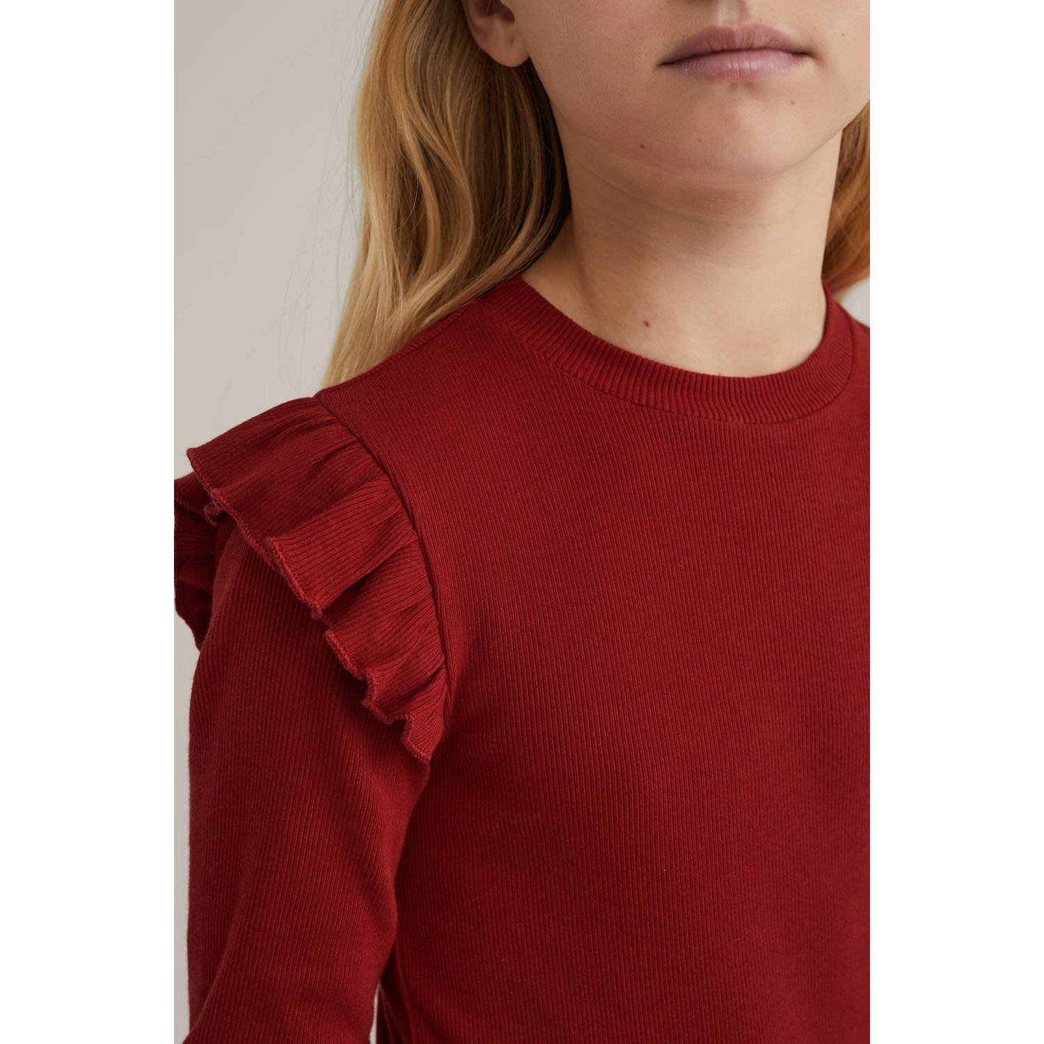 WE Fashion longsleeve rib gebreid donkerrood