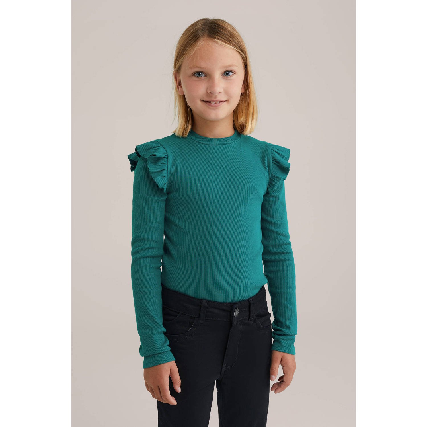 WE Fashion longsleeve donkergroen rib gebreid