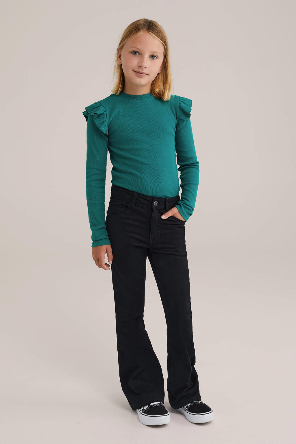 Donkergroene meisjes WE Fashion longsleeve rib gebreid van stretchkatoen met effen, lange mouwen en ronde hals