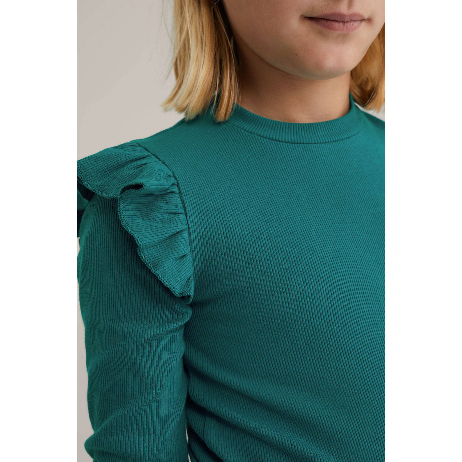 WE Fashion longsleeve donkergroen rib gebreid