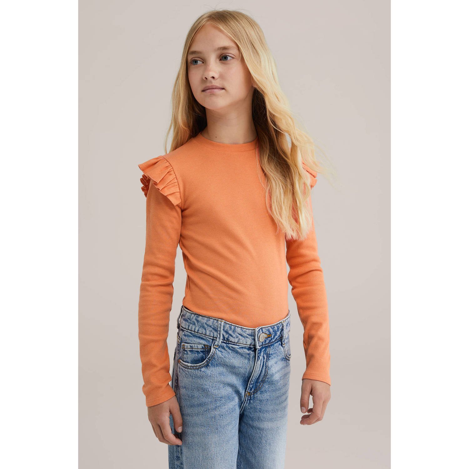 WE Fashion longsleeve oranje rib gebreid