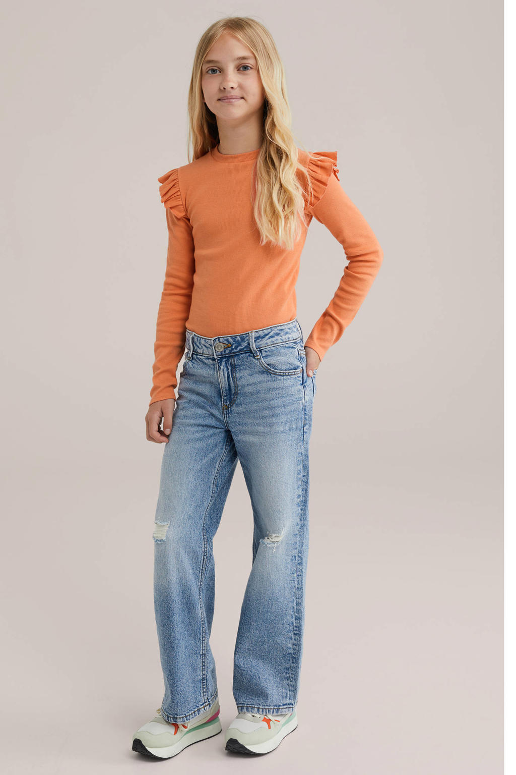 Oranje meisjes WE Fashion longsleeve rib gebreid van stretchkatoen met effen, lange mouwen en ronde hals