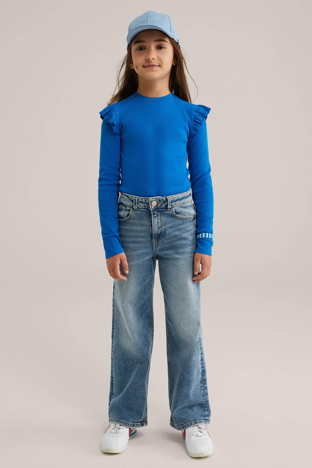 Blauwe meisjes WE Fashion longsleeve rib gebreid van stretchkatoen met effen, lange mouwen en ronde hals