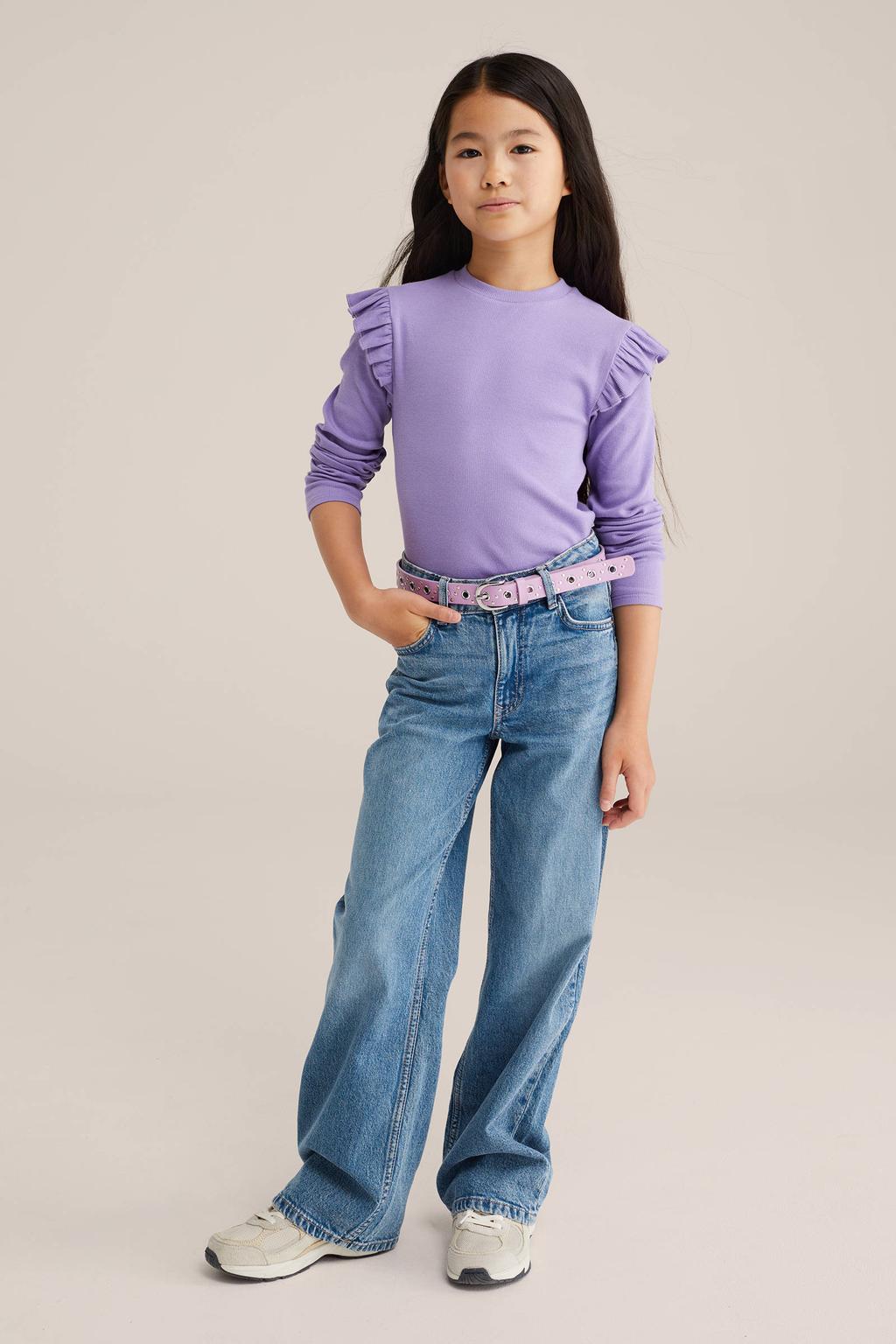 Lilakleurige meisjes WE Fashion longsleeve rib gebreid van stretchkatoen met effen, lange mouwen en ronde hals