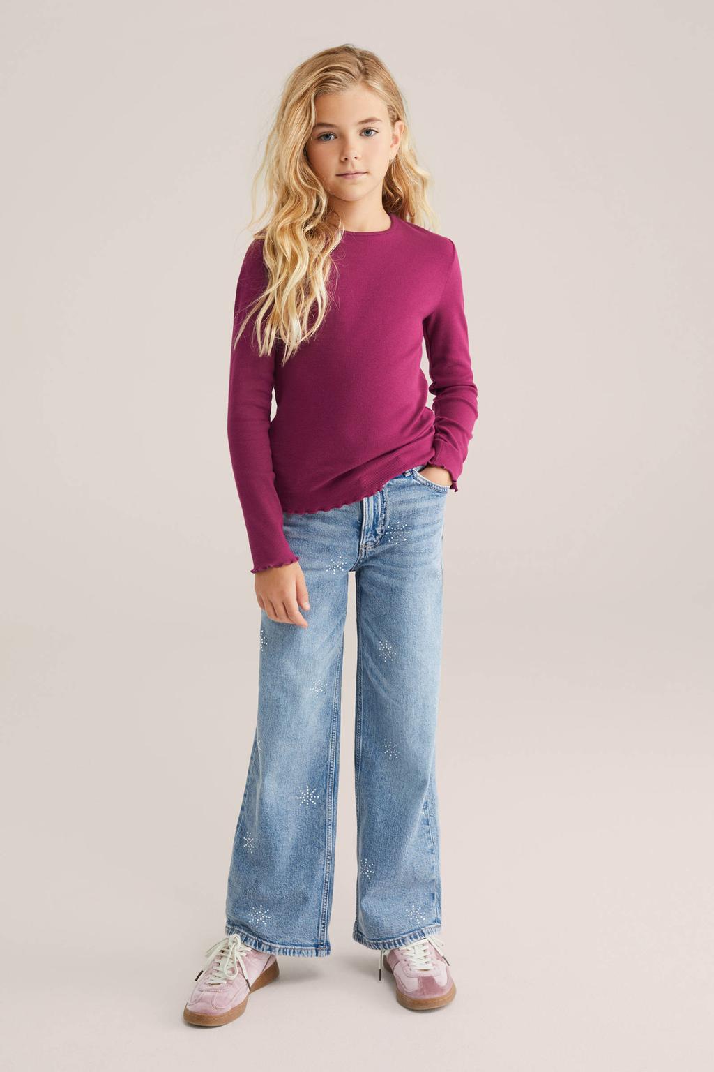 Roze meisjes WE Fashion longsleeve van stretchkatoen met effen, lange mouwen, ronde hals en golvende afwerking
