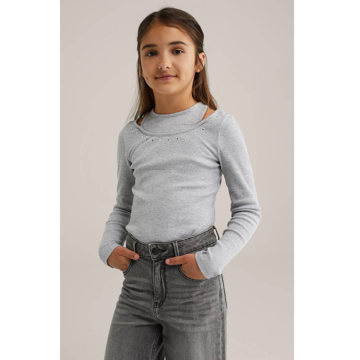 WE Fashion longsleeve grijs melange rib gebreid