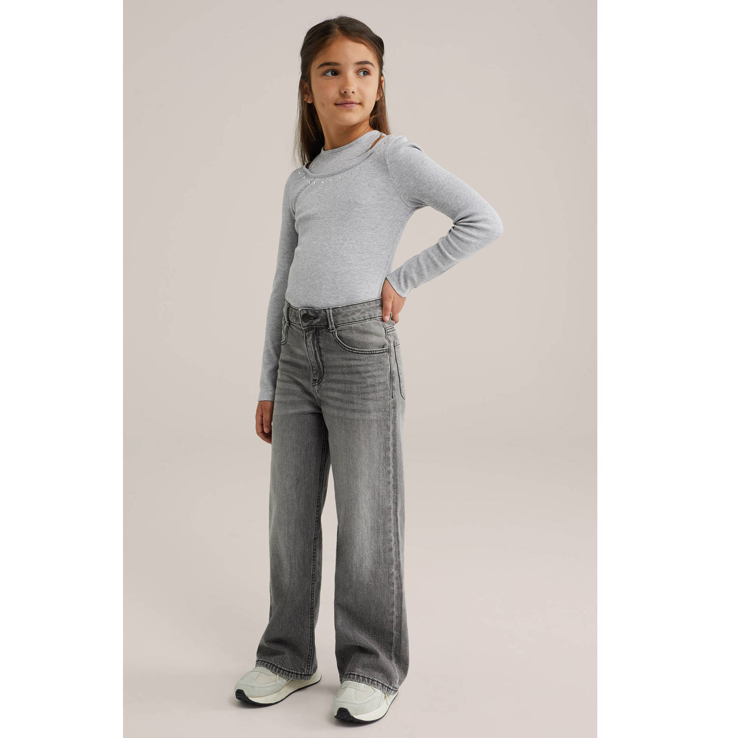 WE Fashion longsleeve grijs melange rib gebreid