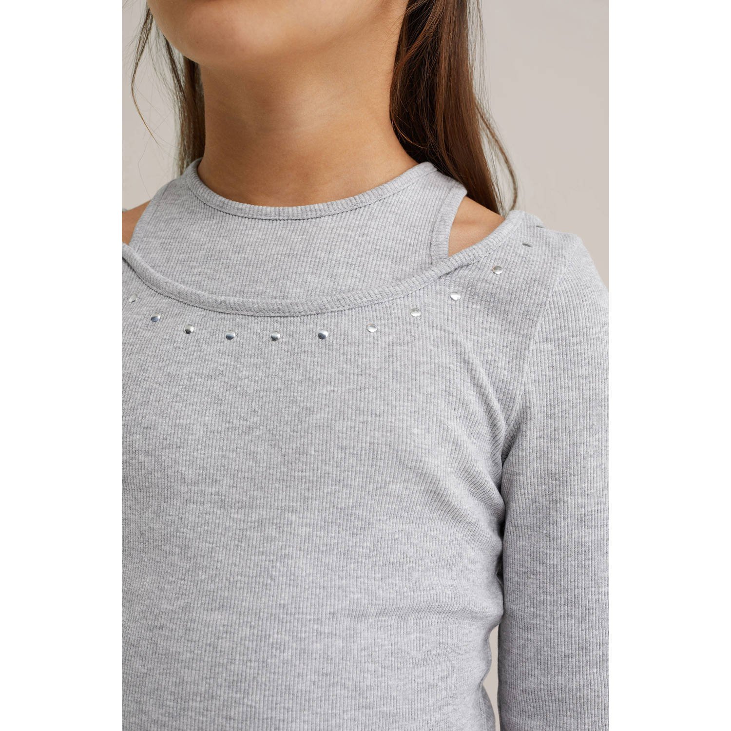 WE Fashion longsleeve grijs melange rib gebreid