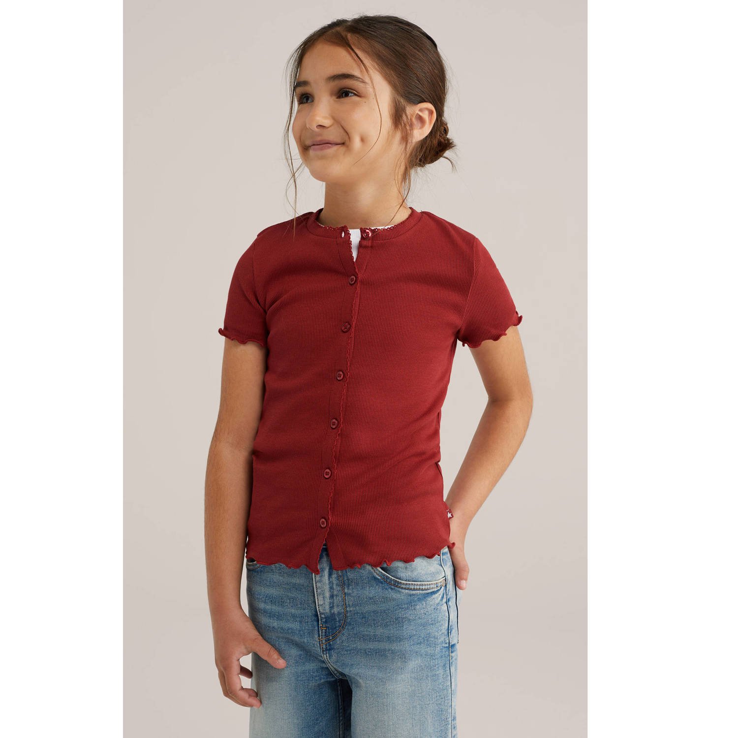 WE Fashion T-shirt donkerrood rib gebreid