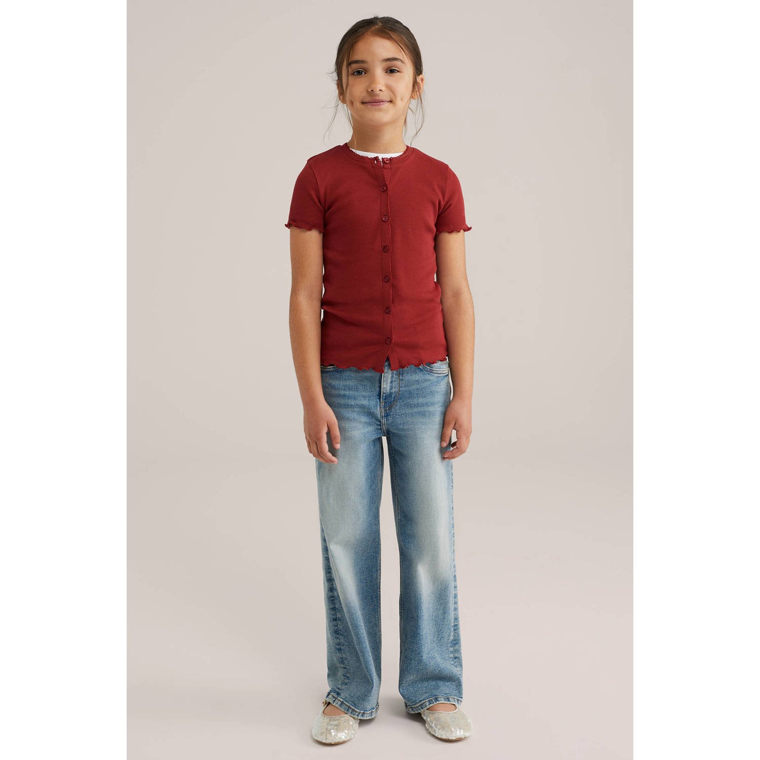 WE Fashion T-shirt donkerrood rib gebreid