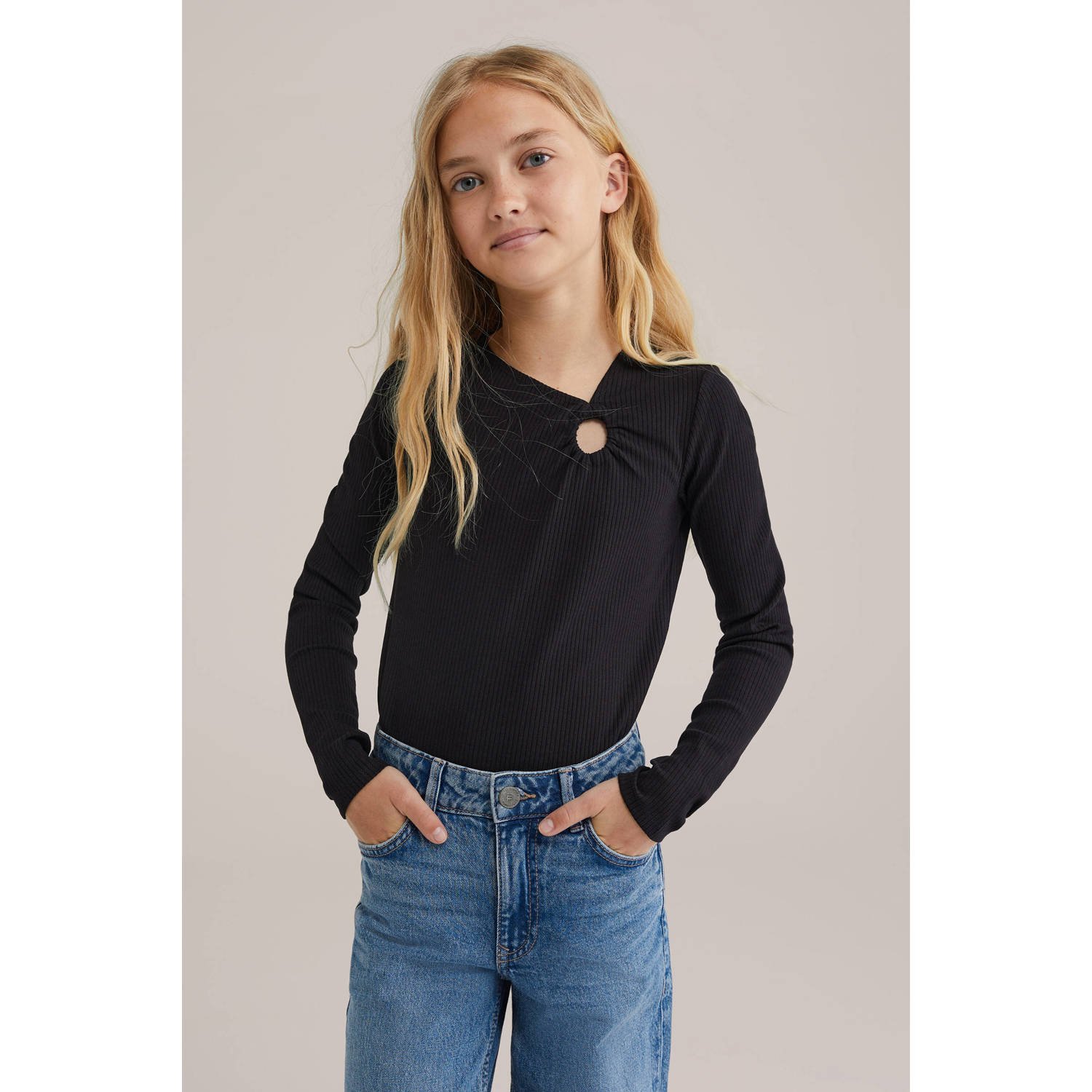 WE Fashion longsleeve zwart rib gebreid