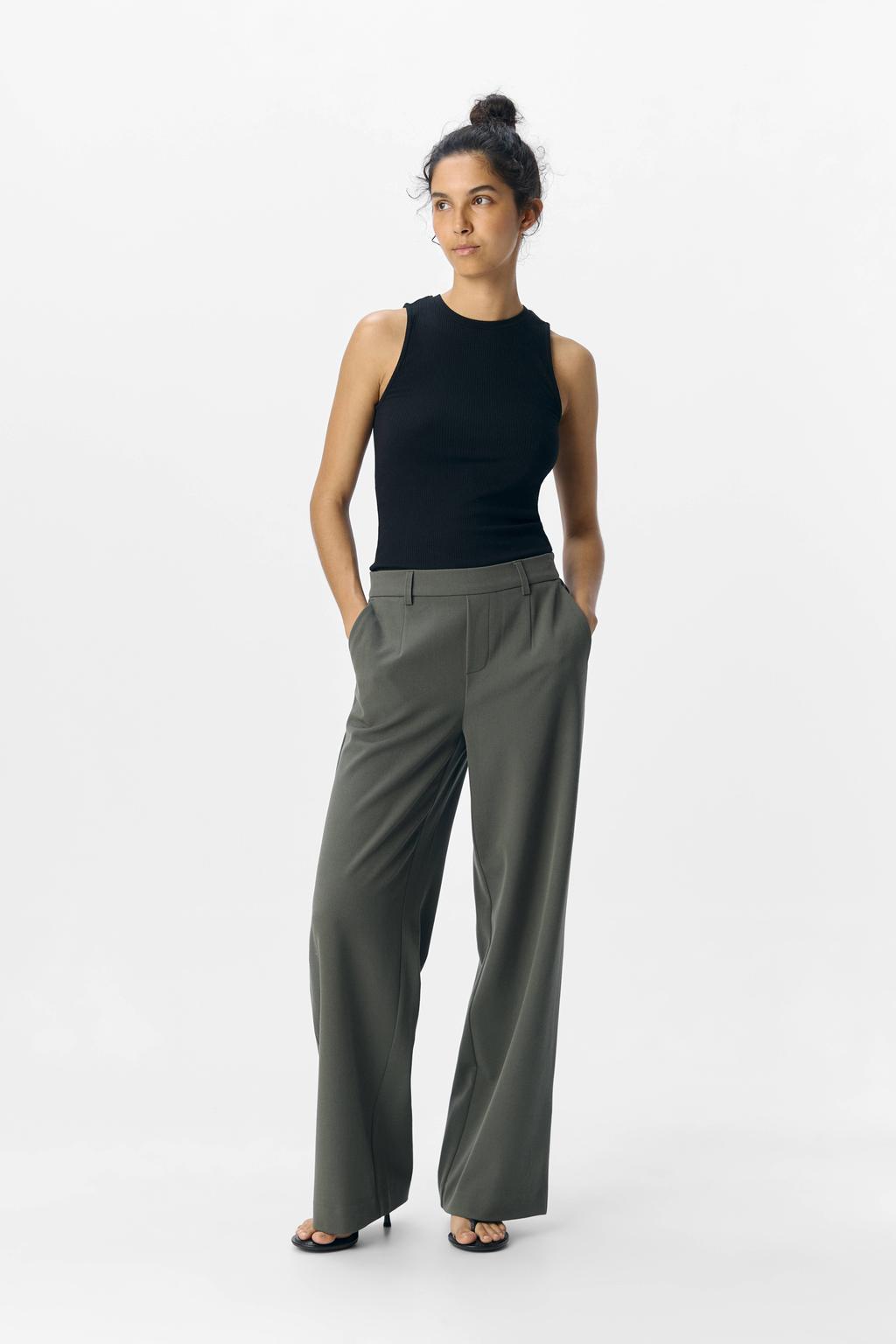 Donkergroene dames OBJECT wide leg regular waist pantalon met effen