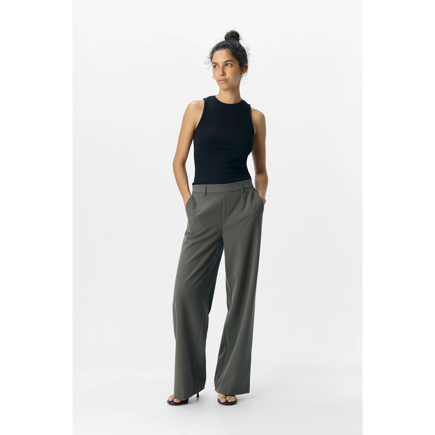 OBJECT wide leg regular waist pantalon donkergroen