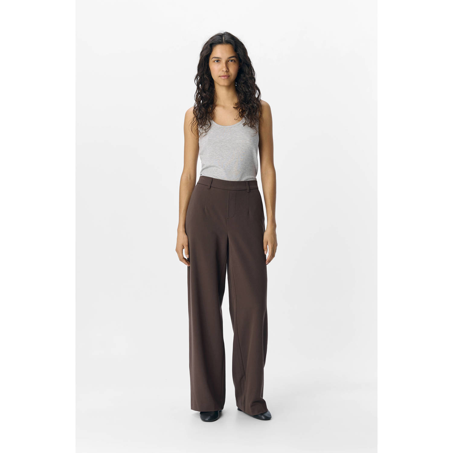 OBJECT wide leg regular waist pantalon donkerbruin