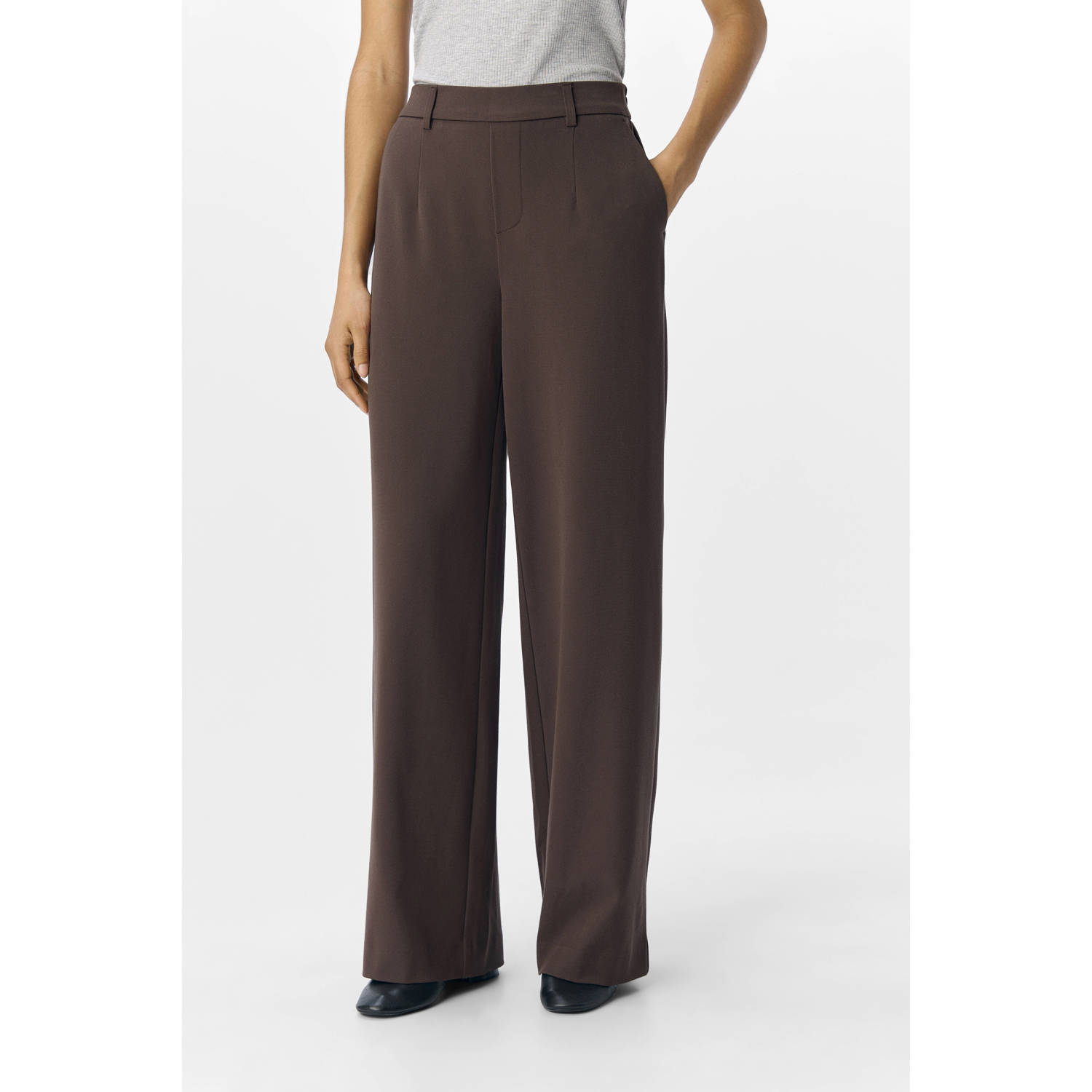 OBJECT wide leg regular waist pantalon donkerbruin