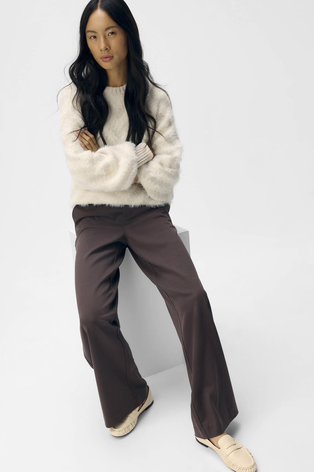 Donkerblauwe dames OBJECT wide leg regular waist pantalon met effen