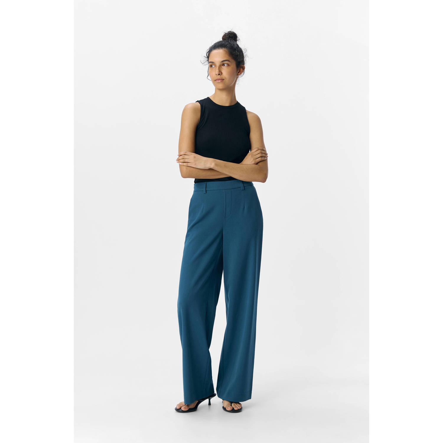 OBJECT wide leg regular waist pantalon blauw