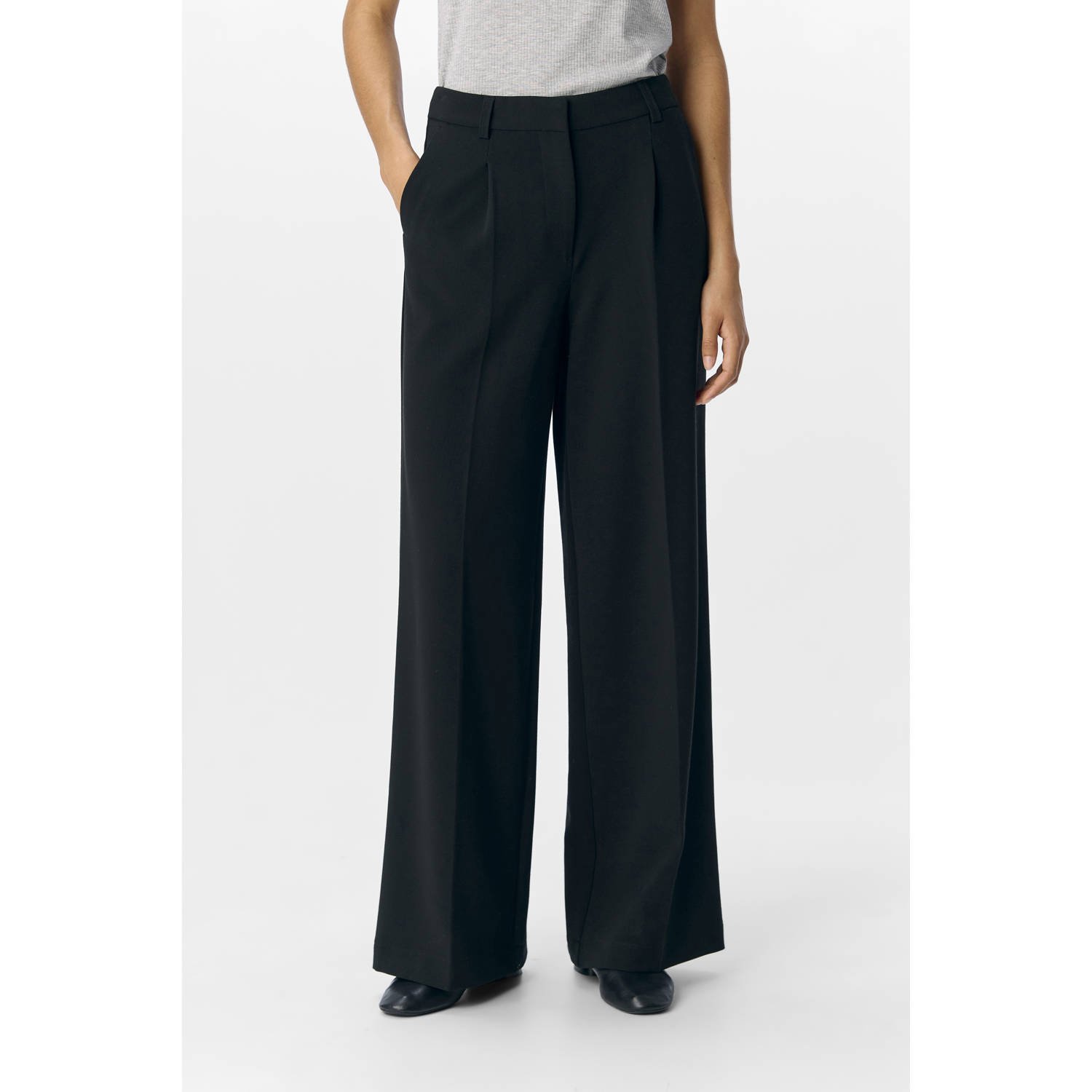OBJECT wide leg regular waist pantalon zwart
