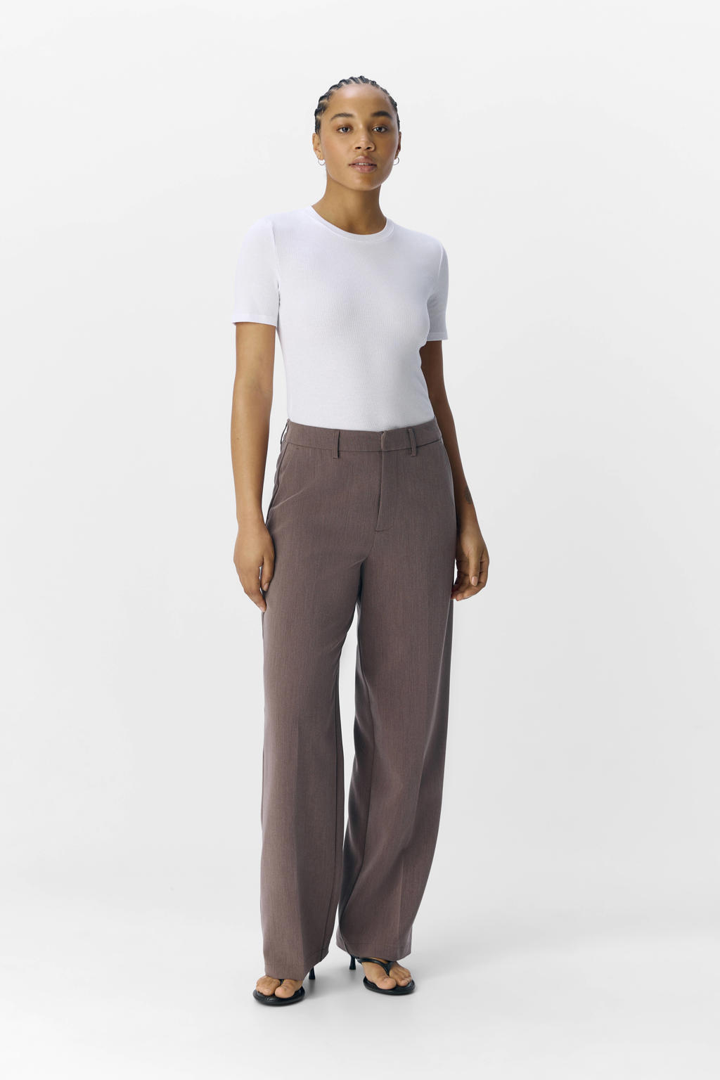 Lichtbruine dames OBJECT wide leg high waist palazzo broek met rits- en knoopsluiting en effen
