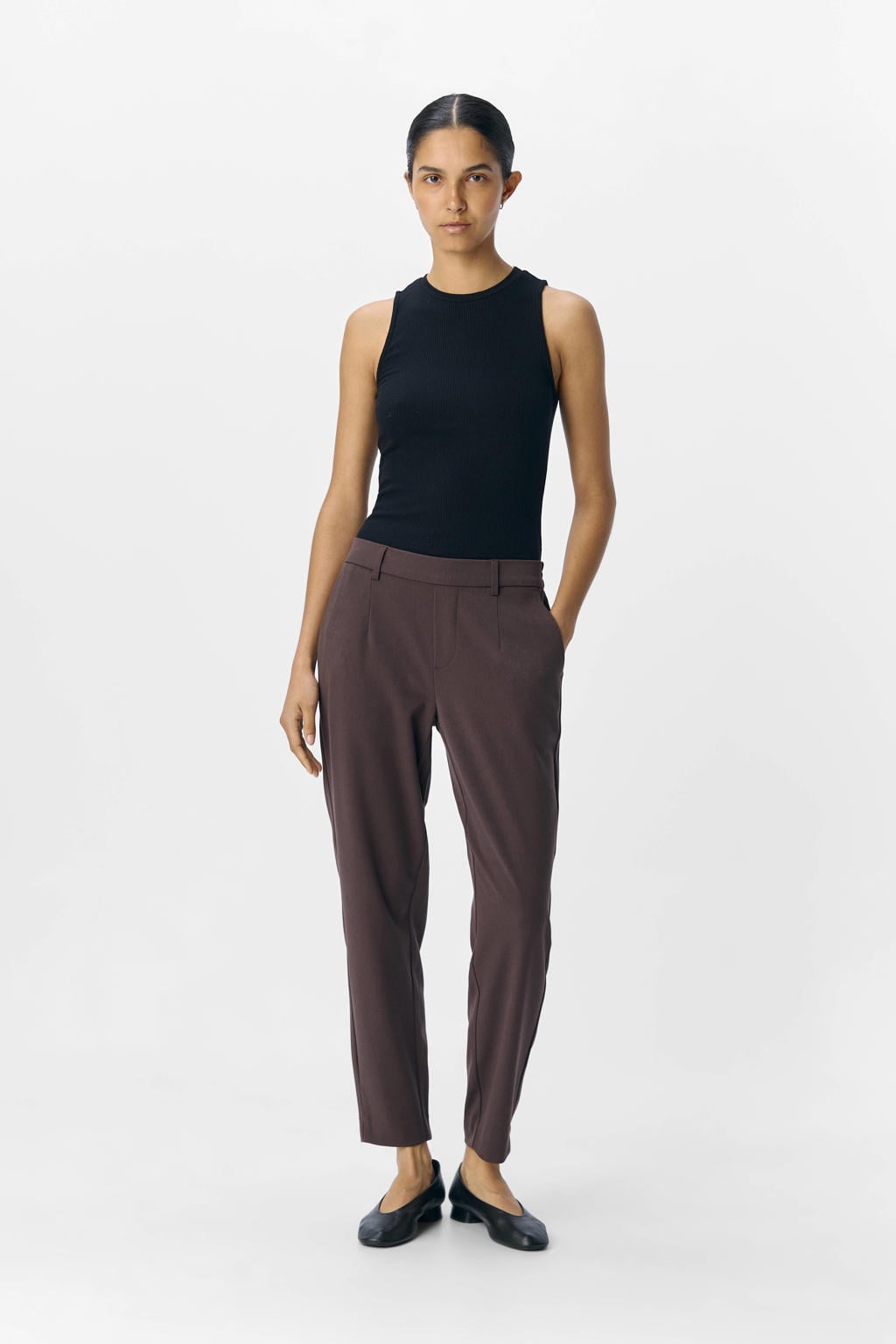Donkerblauwe dames OBJECT slim fit pantalon van polyester met regular waist, elastische tailleband en effen