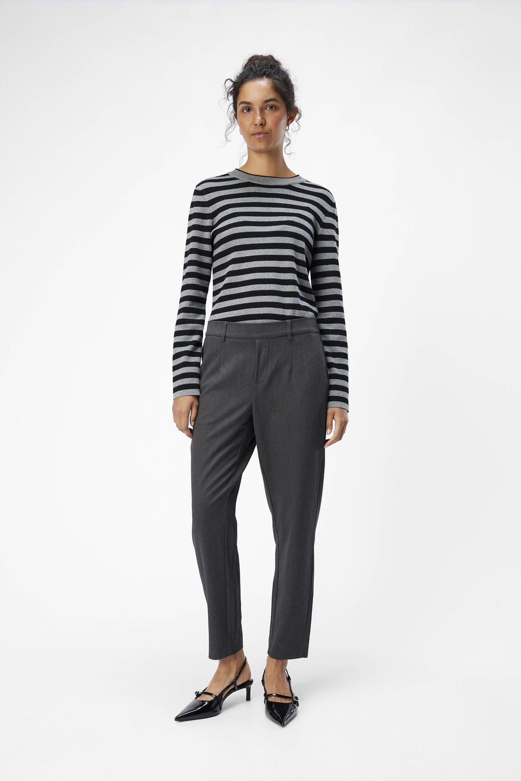 Grijze dames OBJECT slim fit pantalon van polyester met regular waist, elastische tailleband en effen