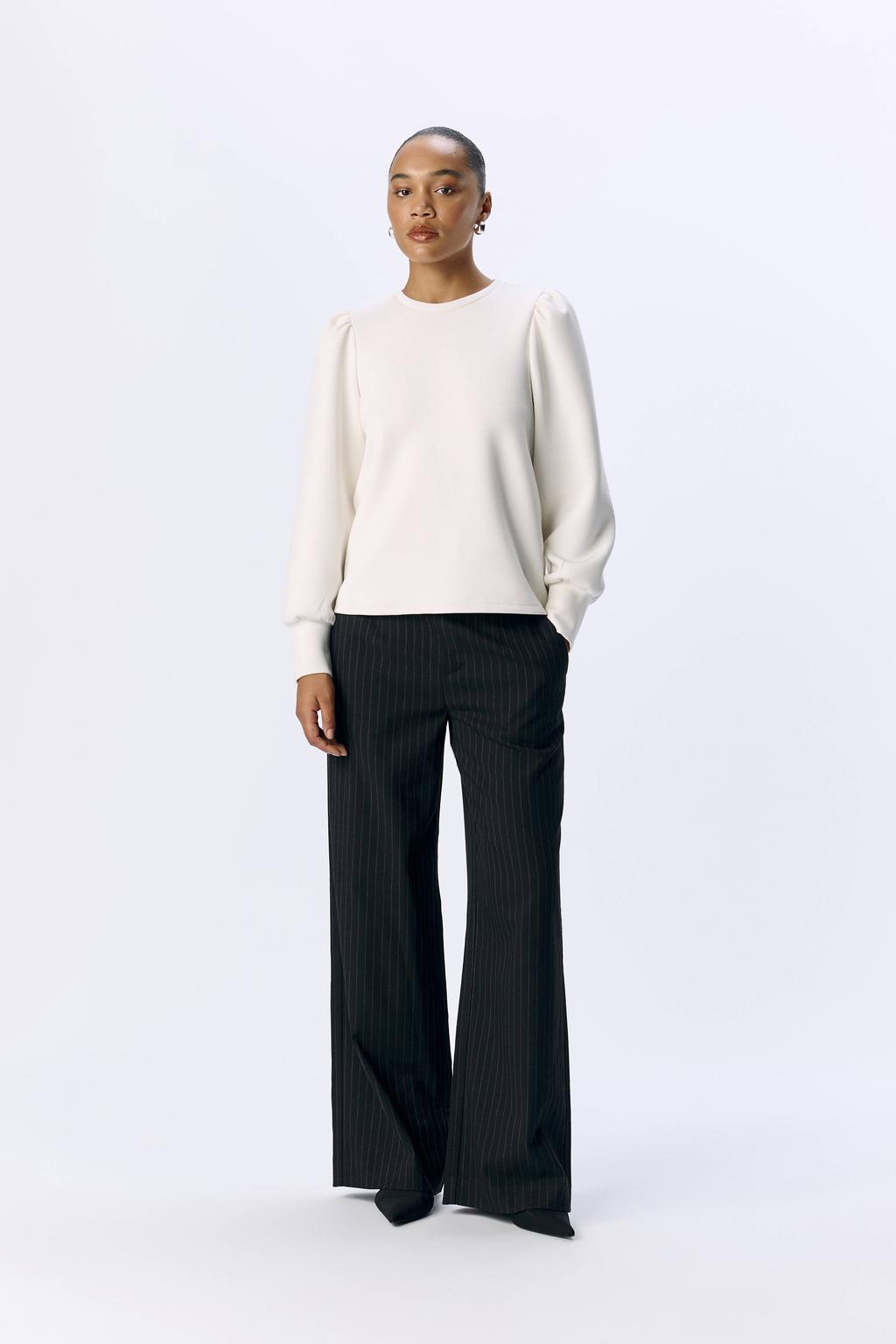 Witte dames OBJECT top van polyester met effen, lange mouwen, ronde hals en gebreide details