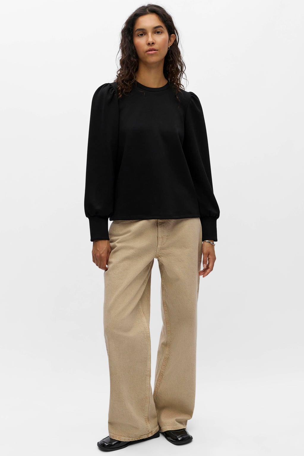 Zwarte dames OBJECT top van polyester met effen, lange mouwen, ronde hals en gebreide details