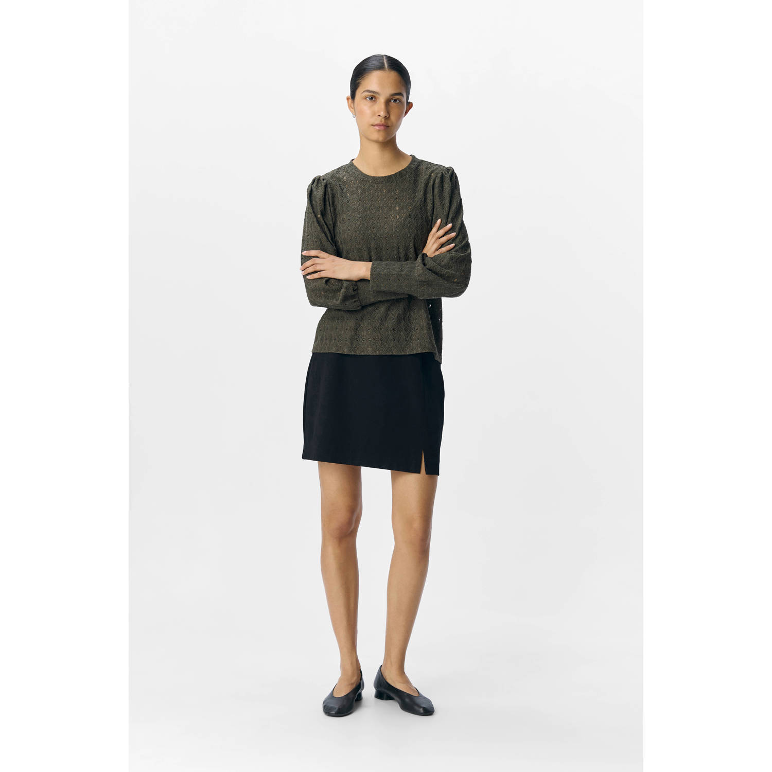 OBJECT top donkergroen broderie