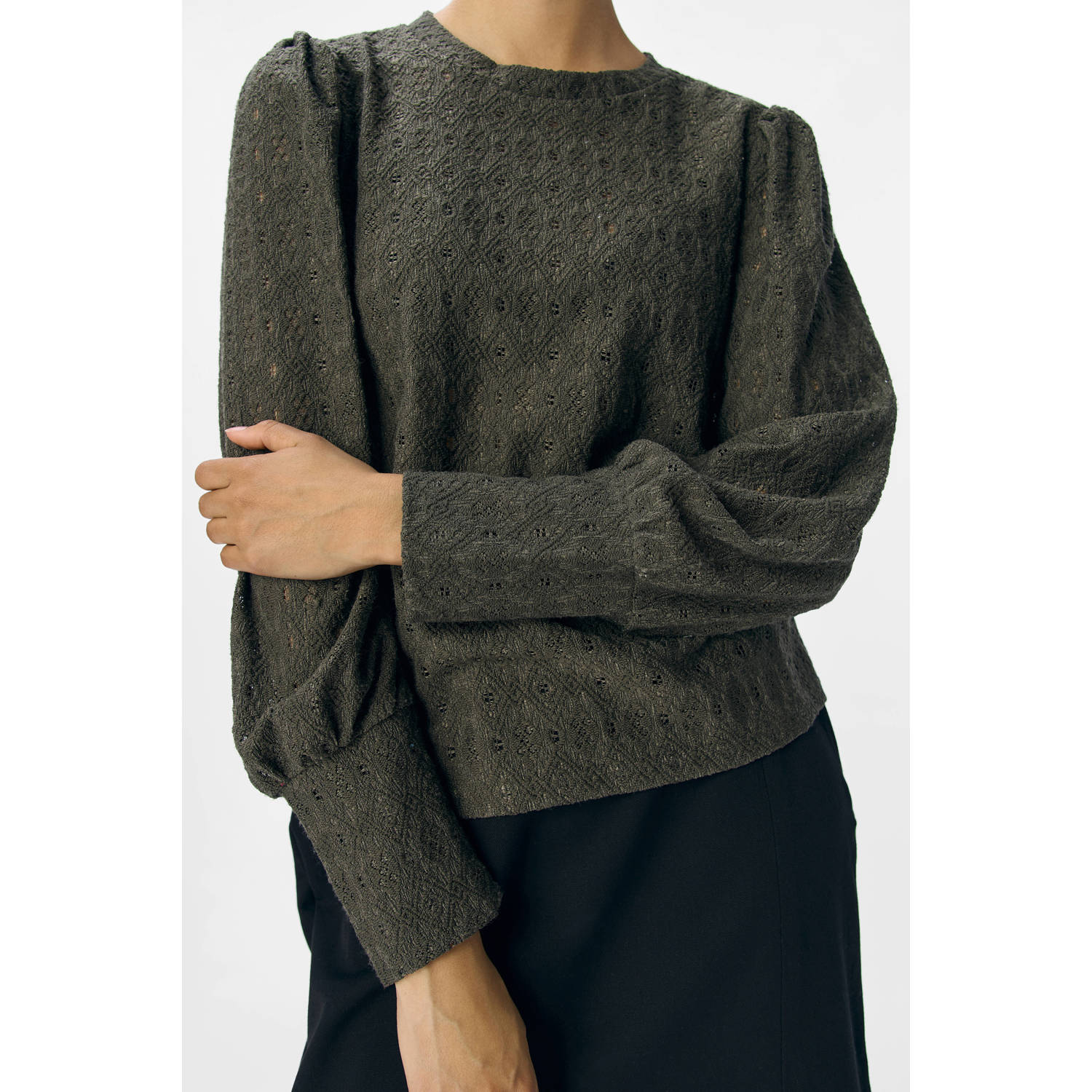OBJECT top donkergroen broderie