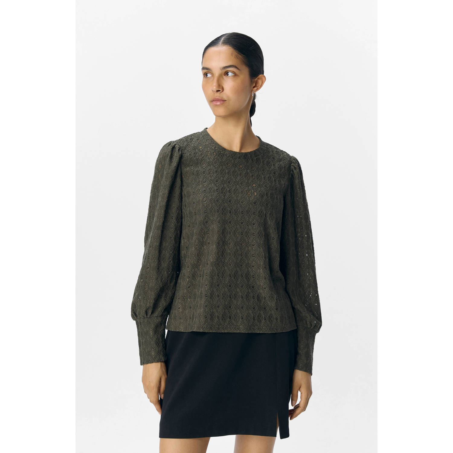OBJECT top donkergroen broderie