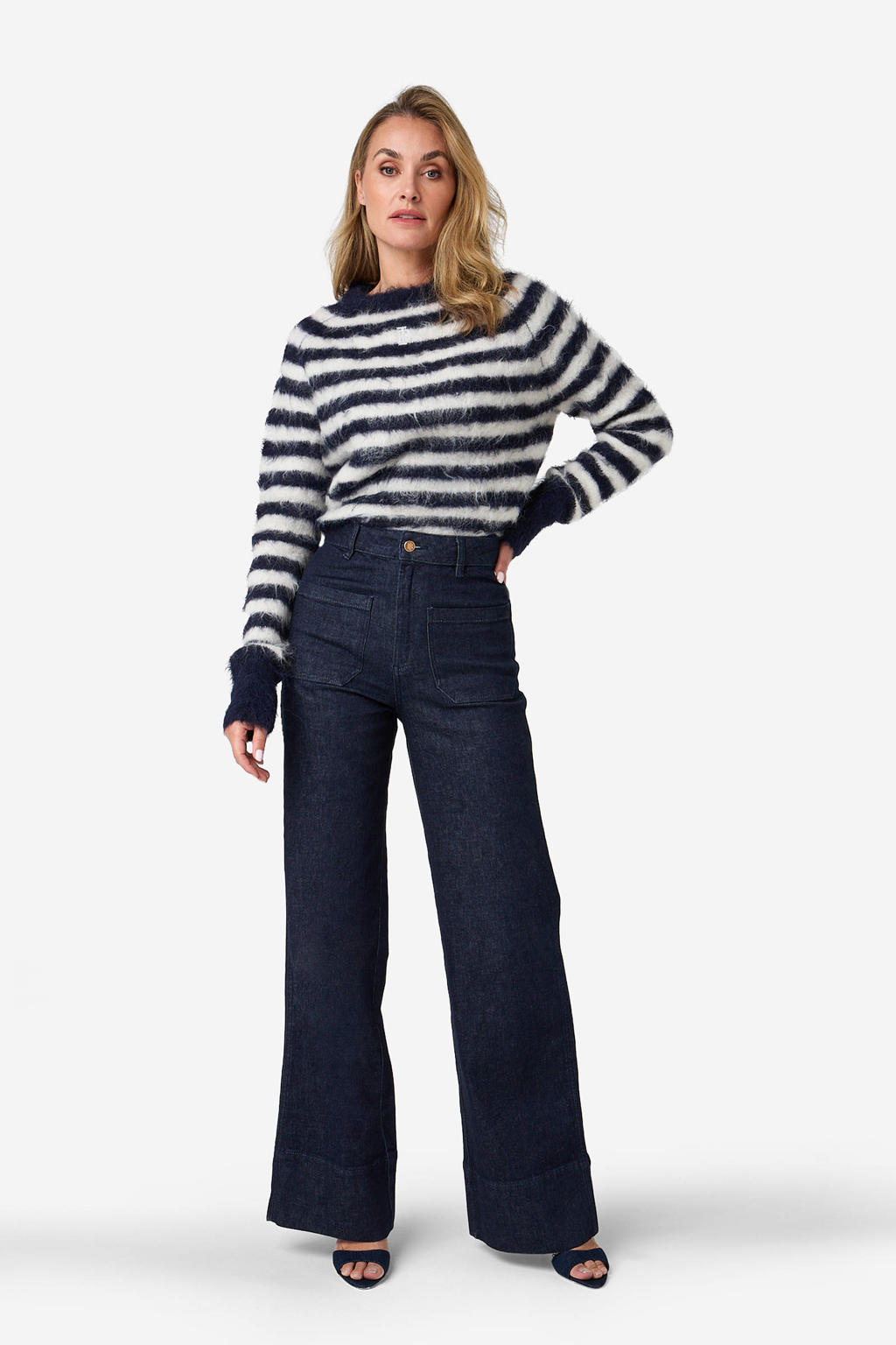 Dark blue denim dames IBANA high waist wide leg jeans dark blue van denim met rits- en knoopsluiting en effen