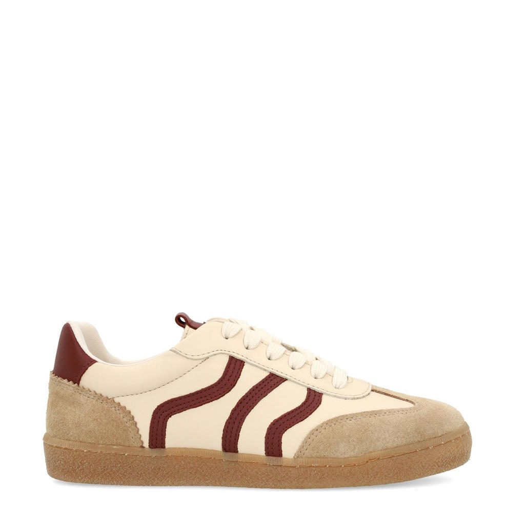 Beige en donkerrode dames No Stress leren sneakers met veters