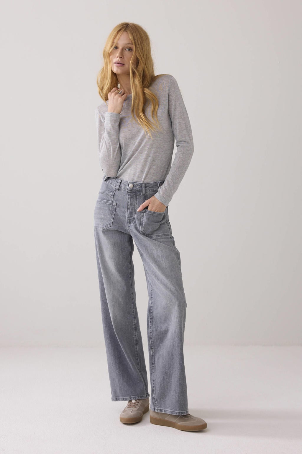 Grijs melange dames Summum top melange van acryl met effen, lange mouwen, ronde hals en lurex