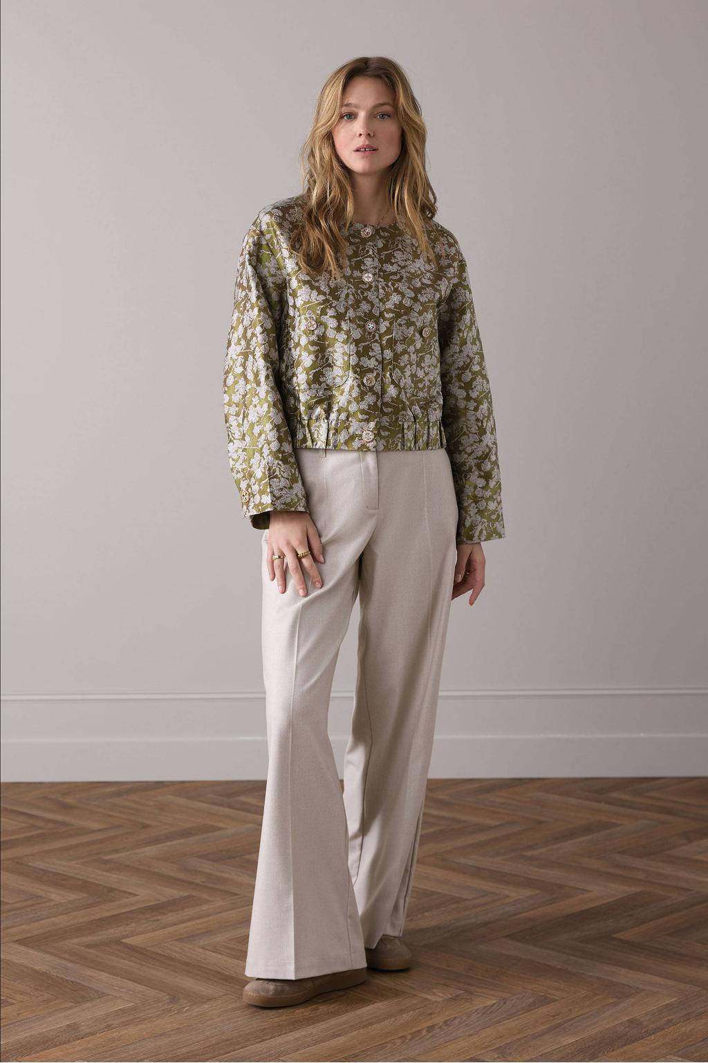 Groene dames Summum jasje van polyester met bloemenprint, lange mouwen, ronde hals, knoopsluiting en elastische boord